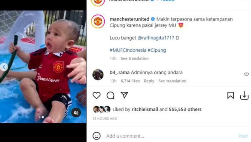 Debut Rayyanza di Instagram Resmi Manchester United, Netizen Becanda: Cipung Dapat Kontrak Profesional